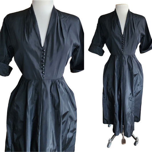 1950s Black Satin Shirt Dress Short Sleeves