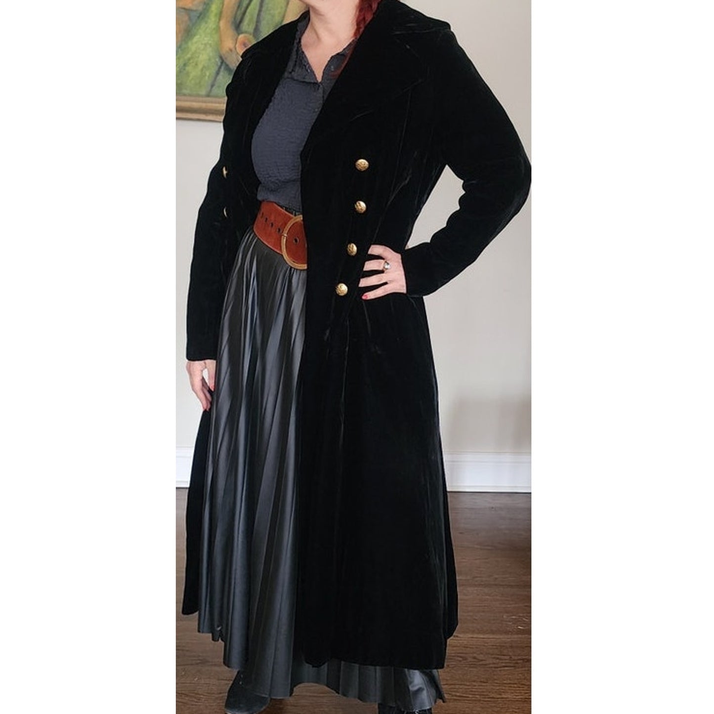 Vintage 1960s Black Velvet Opera Coat Double Breasted Gold Buttons
