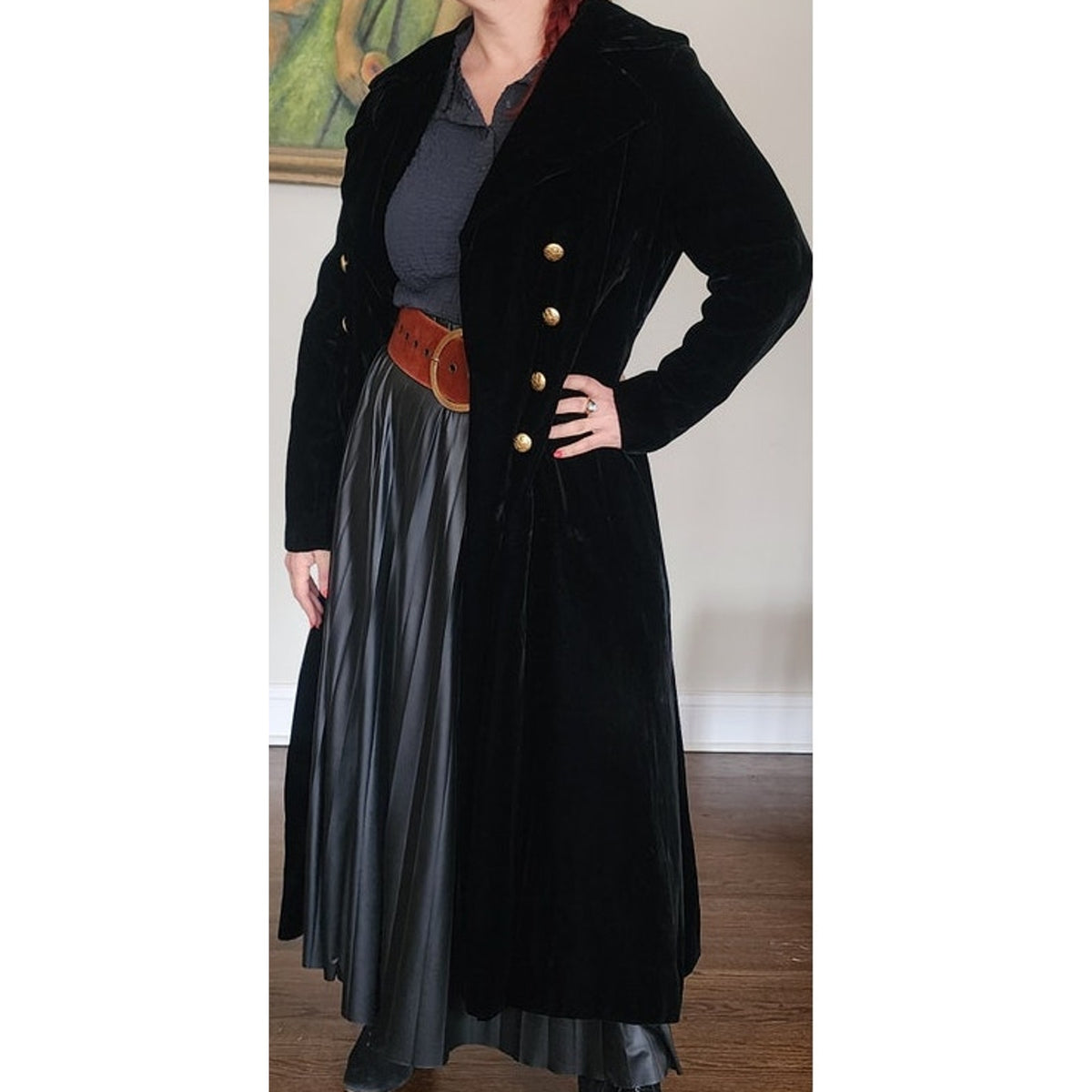 Vintage 1960s Black Velvet Opera Coat Double Breasted Gold Buttons