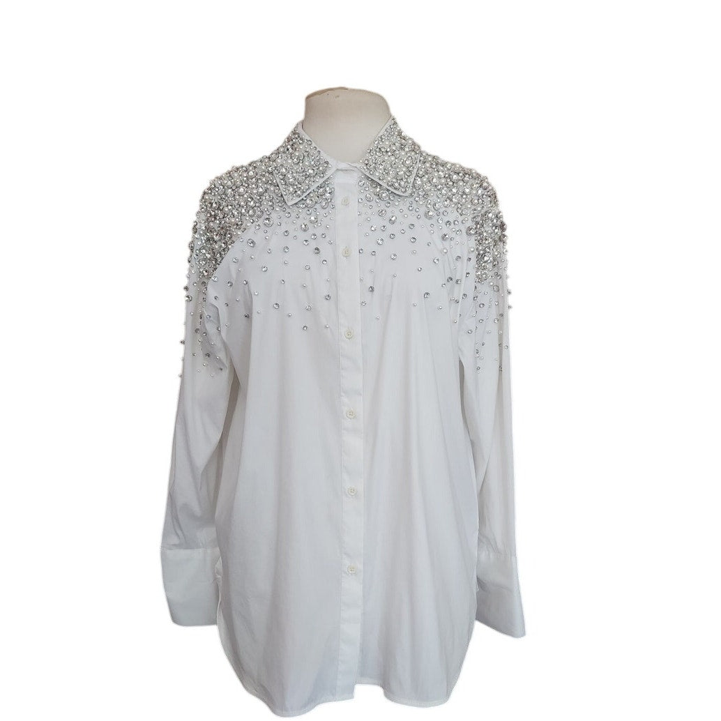 Alice + Olivia White Shirt Embellished Silver Rhinestone Crystal Beads Long Sleeve Button Down
