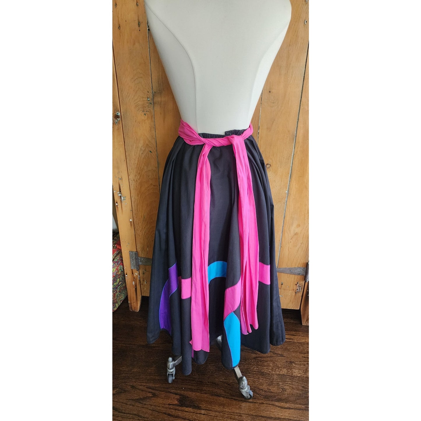 Vintage 80s Circle Skirt Multicolored Cotton Applique Converts to Strapless Dress Opus 1