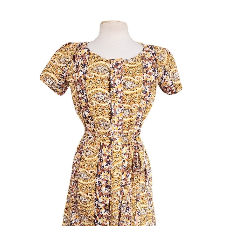 Vintage 50s Cotton Print Day Dress Yellow Black Paisley Print Shirtdress / M