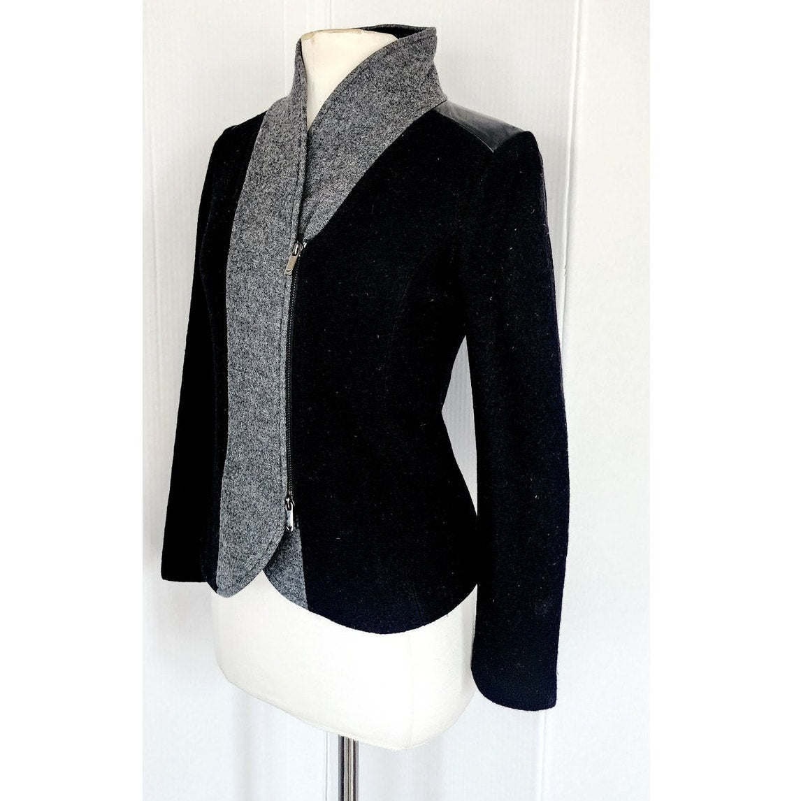 Vintage Emporio Armani Blazer Black Gray Wool & Leather Zip Front