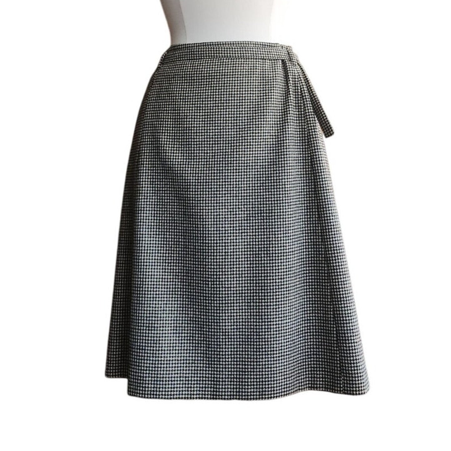 Vintage Dries Van Noten Skirt Gray Houndstooth Wool A Line Knee Length Belt Sash / Medium