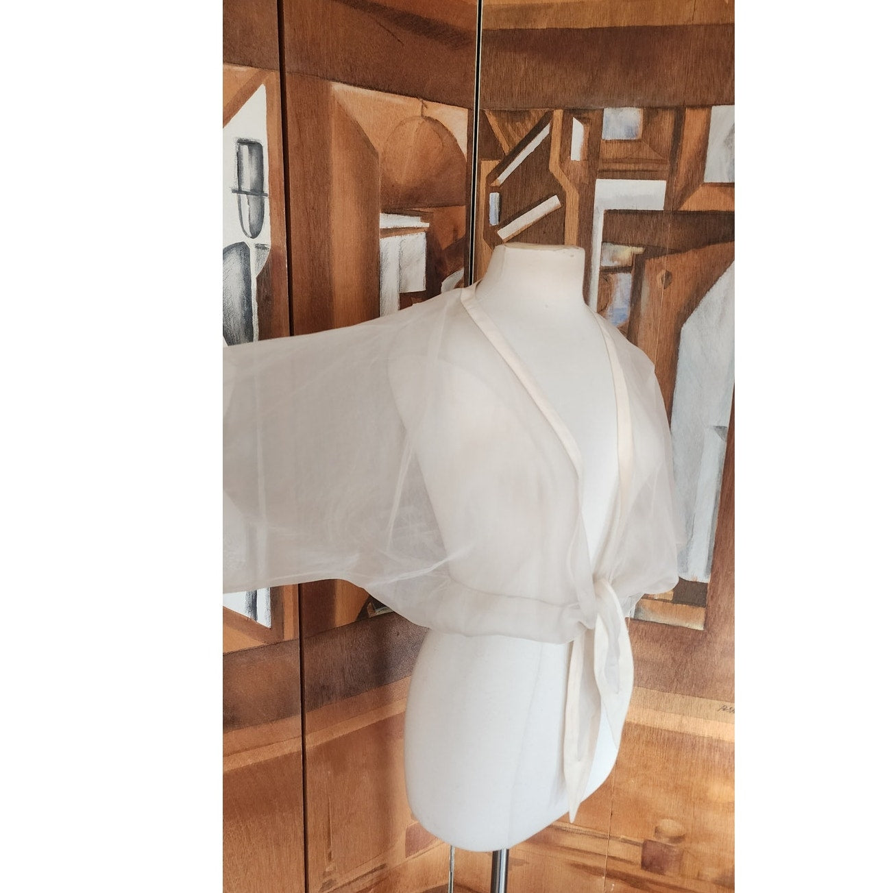 Vintage 90s White Sheer Organza Silk Blouse Tie Front Summer Jacket Victoria March Chicago