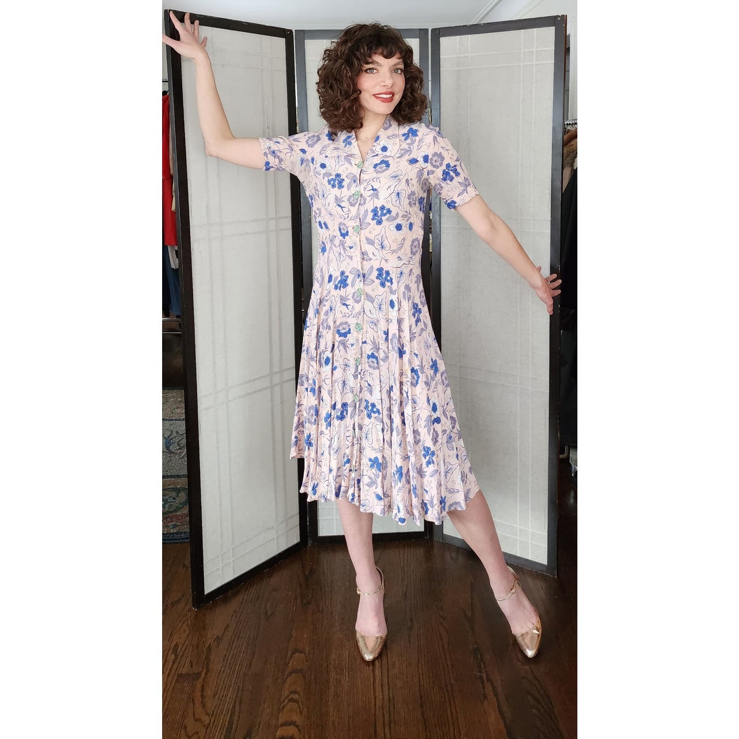 Vintage 30s Rayon Print Shirtdress Pink Blue Floral