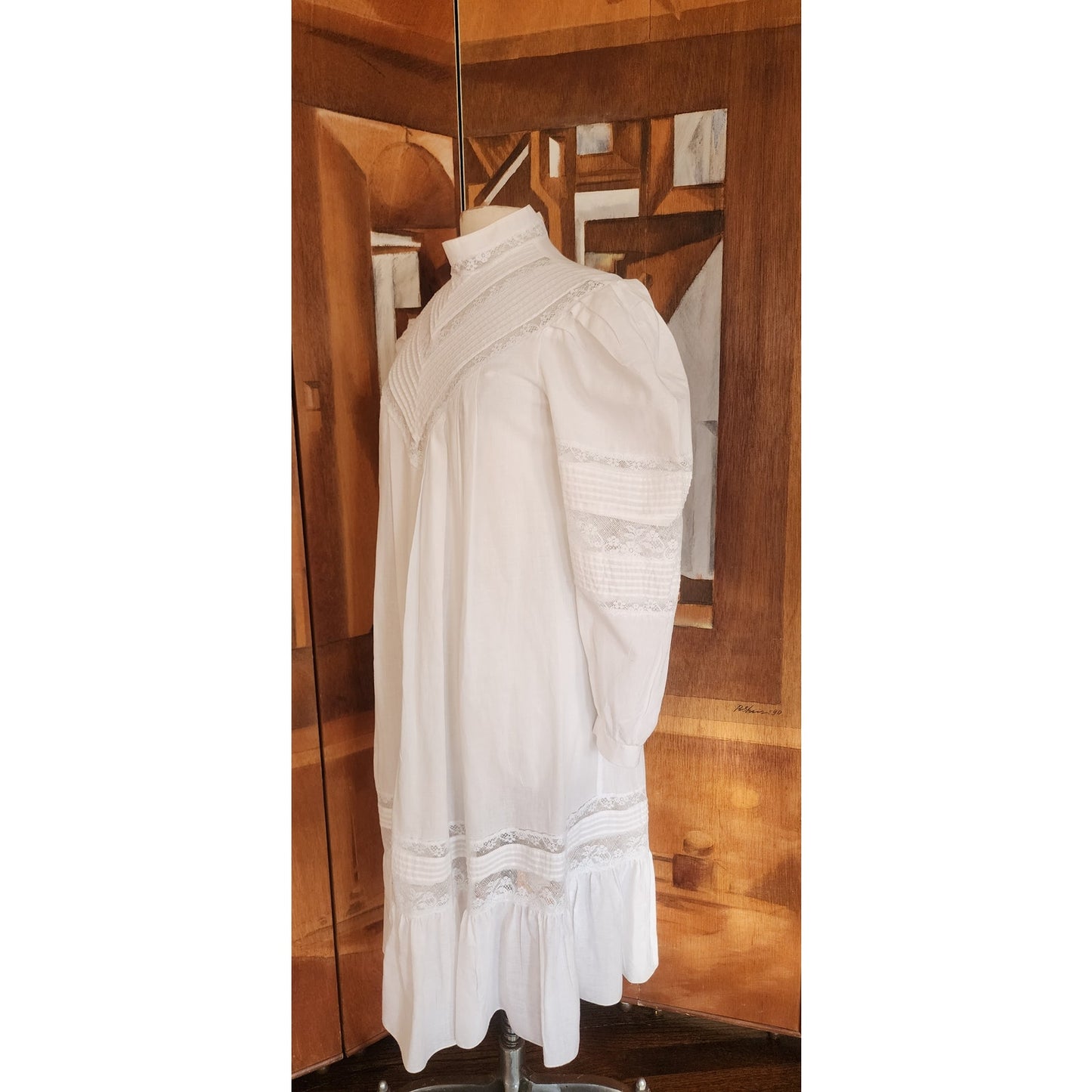 Vintage 80s Ceegee Sue Wong White Cotton Lace Dress Festival Boho Victorian Puff Sleeve