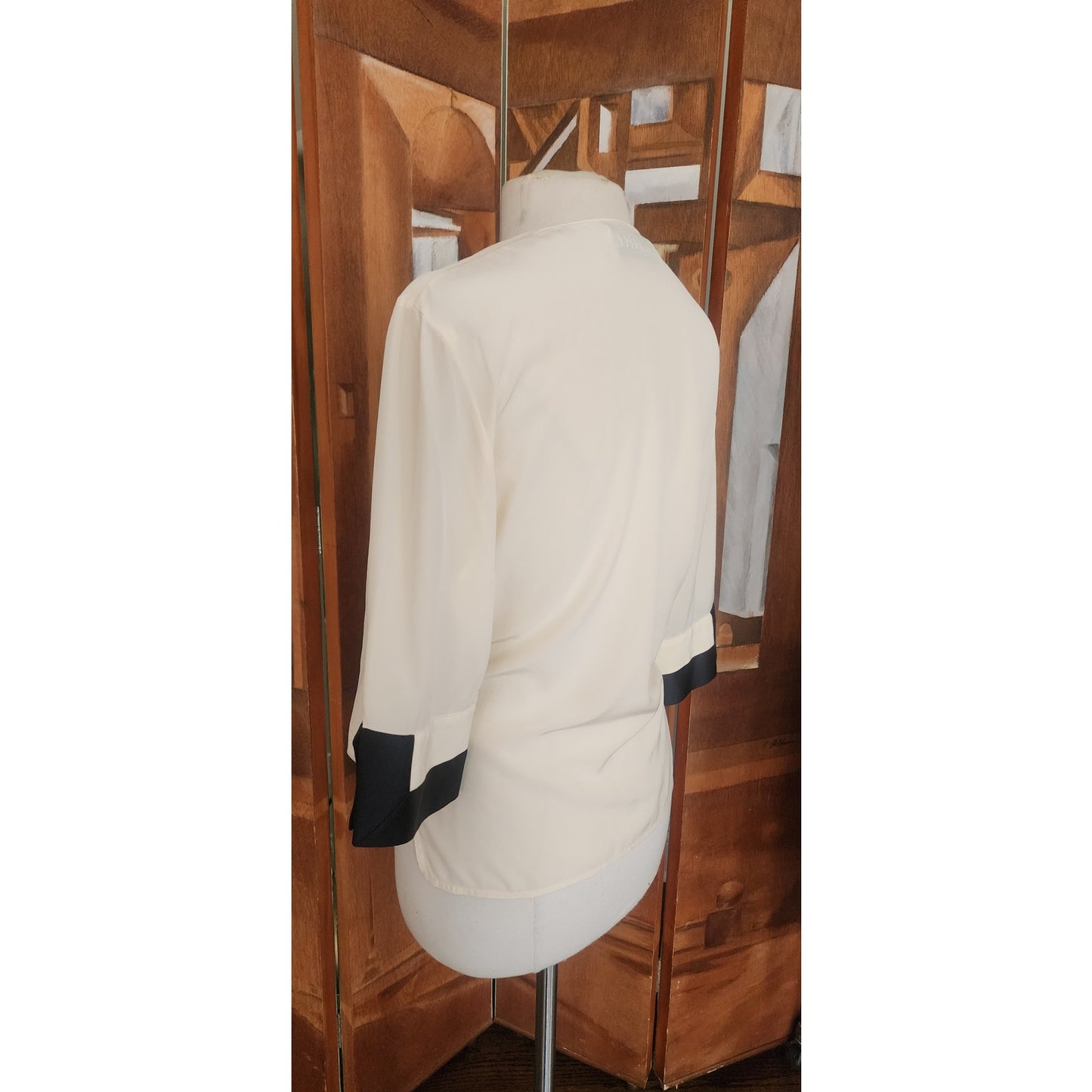 Vintage 90s Gianfranco Ferre Cream Silk Wrap Blouse Black Cuffs Asymmetrical Top