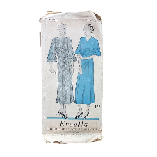 Vintage 30s Sewing Pattern ORIGINAL: Junior Miss Dress Frock Excella 5154