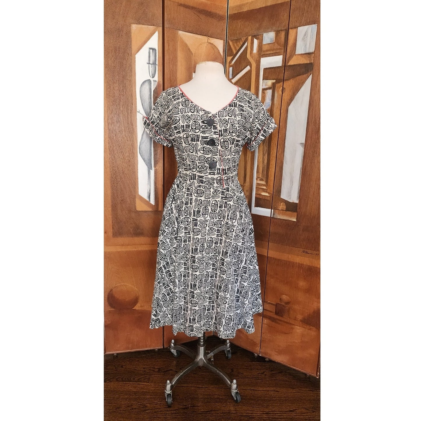 Vintage 50s Black White Abstract Print Fit and Flare Dress Tiki MCM Cotton Print Rockabilly / M