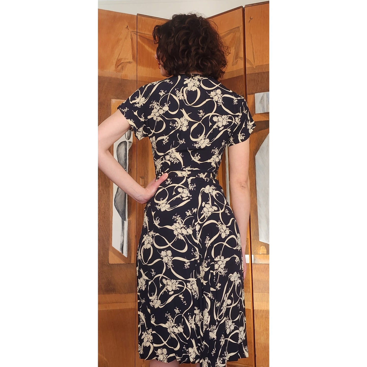 Vintage ORIGINAL 40s Leslie Fay Black Cream Floral Ribbon Rayon Midi Day Dress