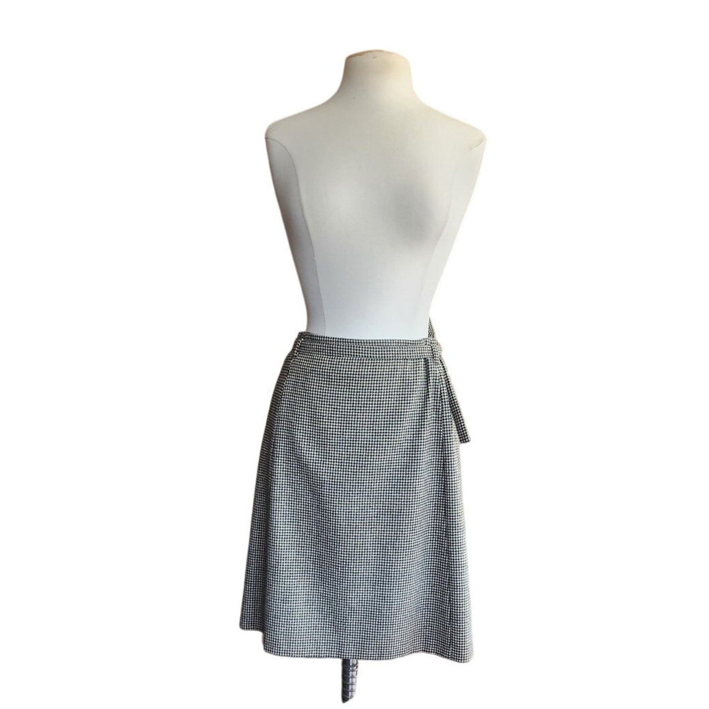 Vintage Dries Van Noten Skirt Gray Houndstooth Wool A Line Knee Length Belt Sash / Medium