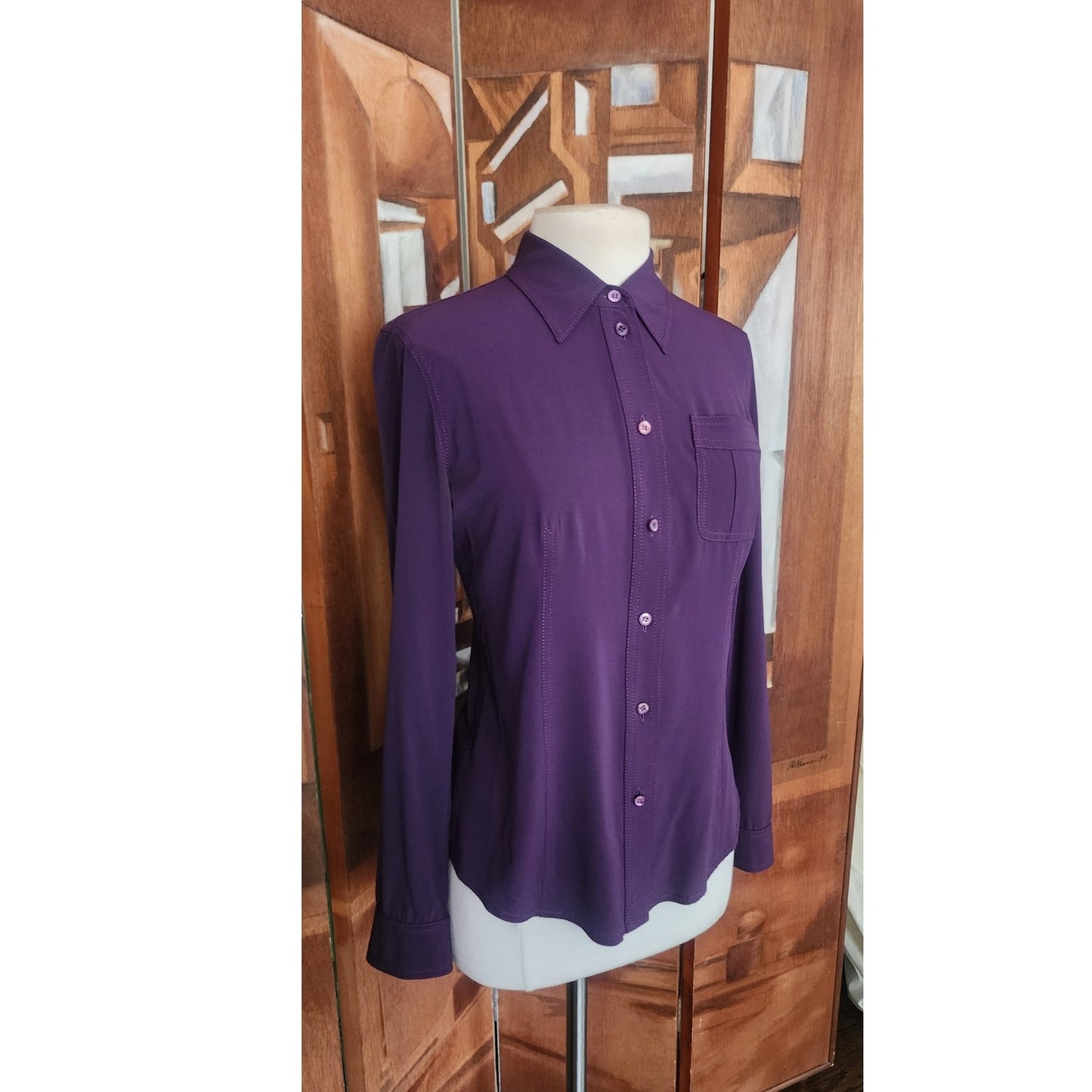 Y2K Prada Silk Blouse Purple Long Sleeve Single Pocket Button Down