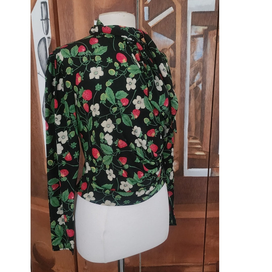 Vintage 1980s Emanuel Ungaro Parallele Blouse Strawberry Floral Print Silk Long Sleeve Shirt