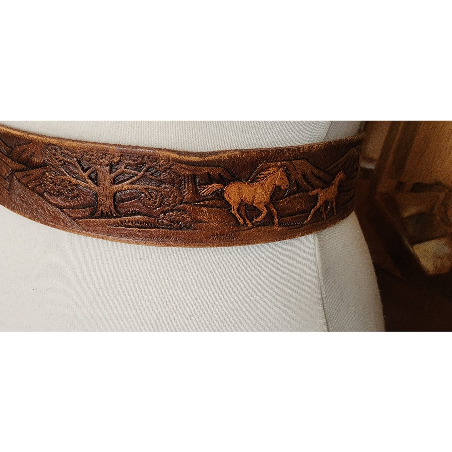 Vintage 1970s The Rowel Brown Belt Tooled Leather Horses Trees Cowboy Western