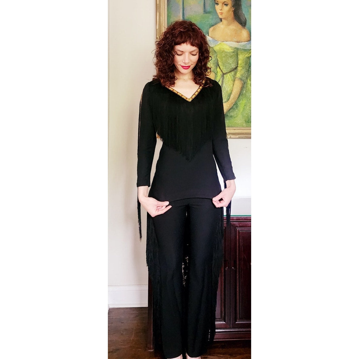 Vintage 70s Fringed Pant Suit Black w/Gold Embroidery by Climax / S