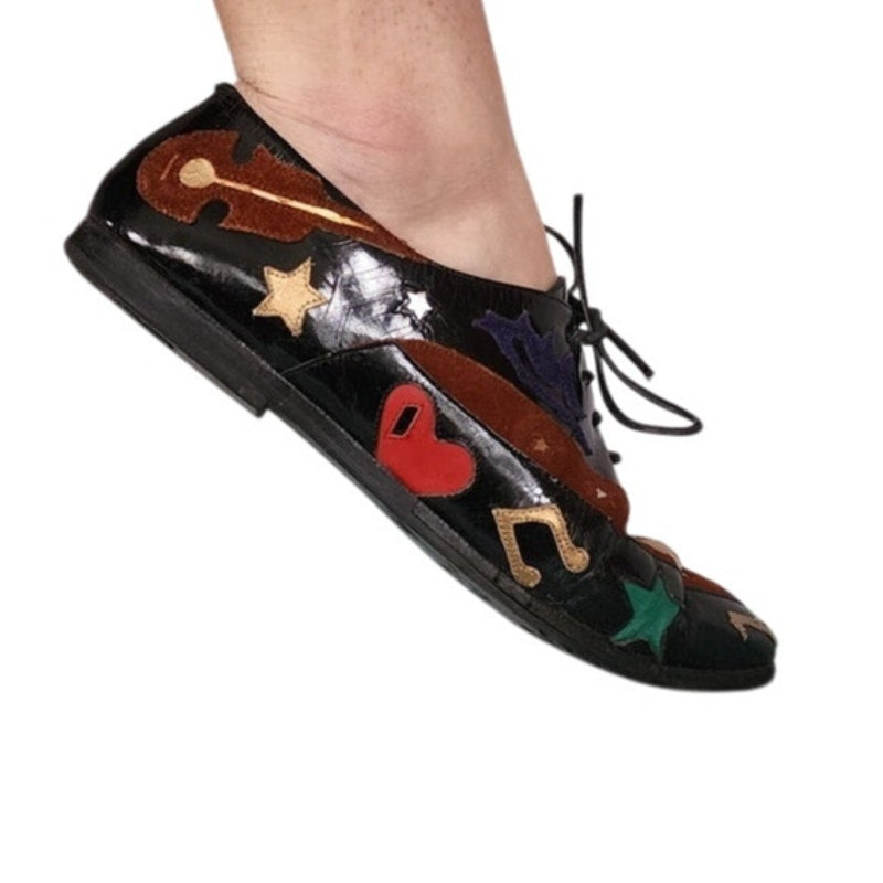 Vintage 90s Lace Up Shoes w/Graphic Patchwork Music Notes Guitar Hearts Stars Lips Abstrax