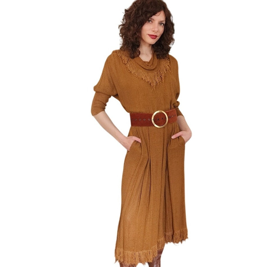 Vintage 80s Brown Dress Fringed Cowl Collar Mad Max Distopia Positive Attitude