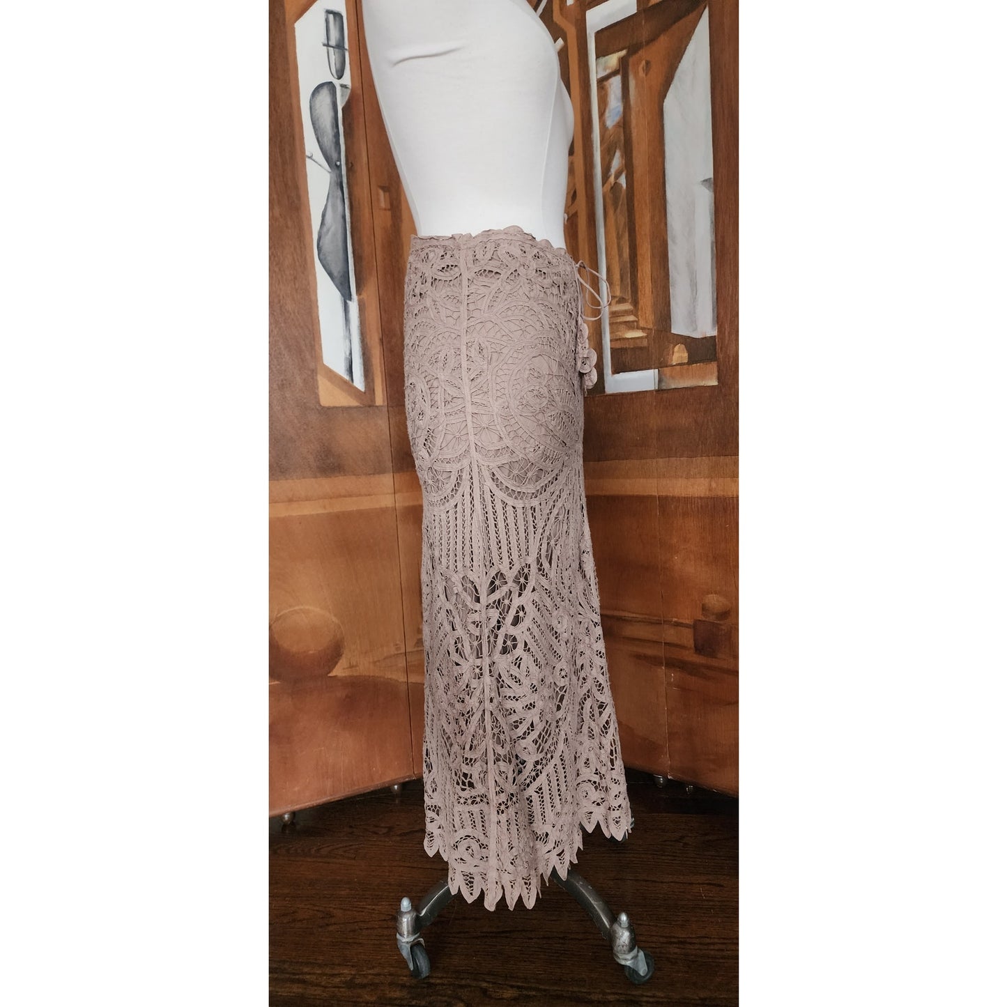 Vintage Y2K Beige Lace Maxi Skirt Boho Chine Collection / S