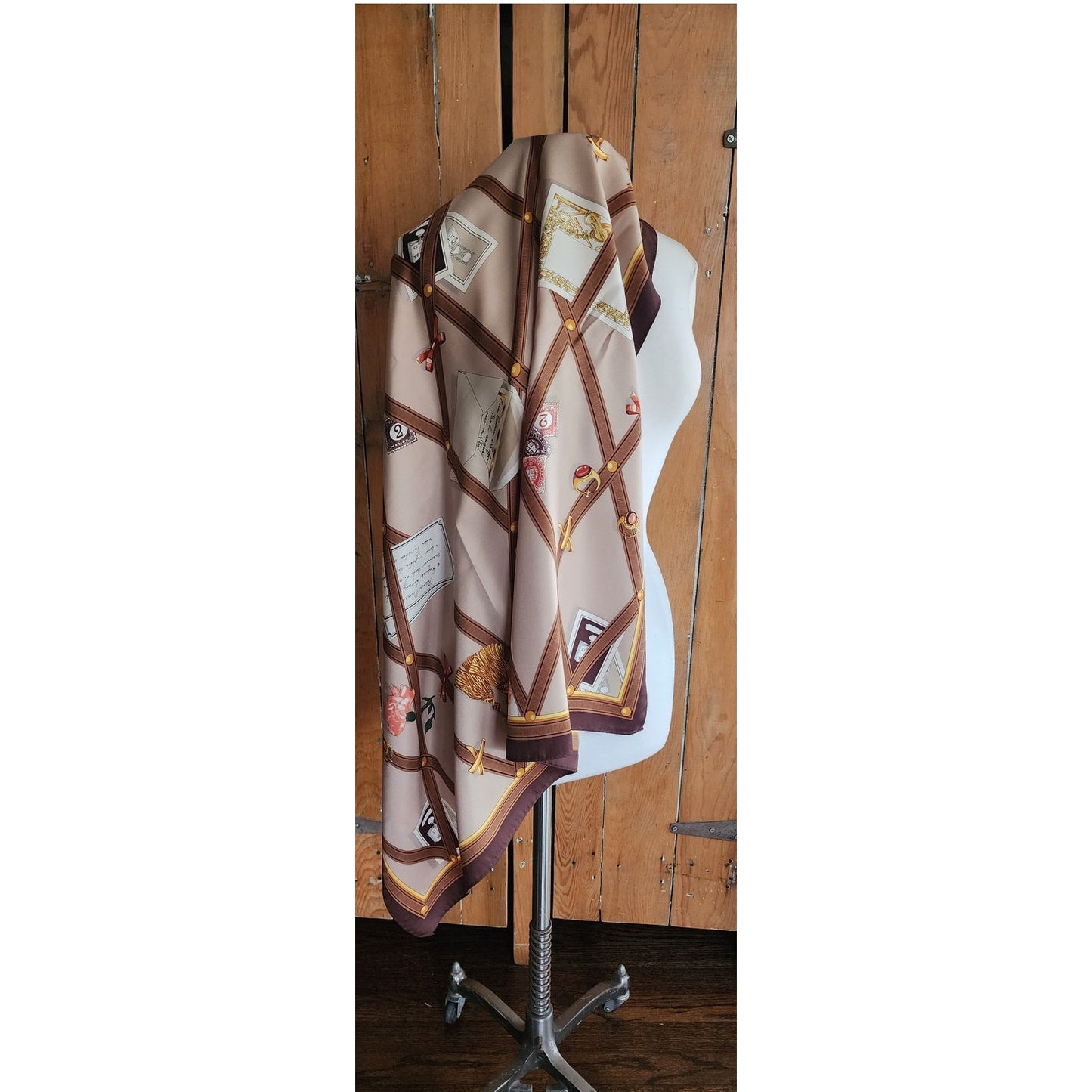 Vintage 90s Paloma Picasso Scarf Silk Brown Beige Novelty Print Bulletin Board