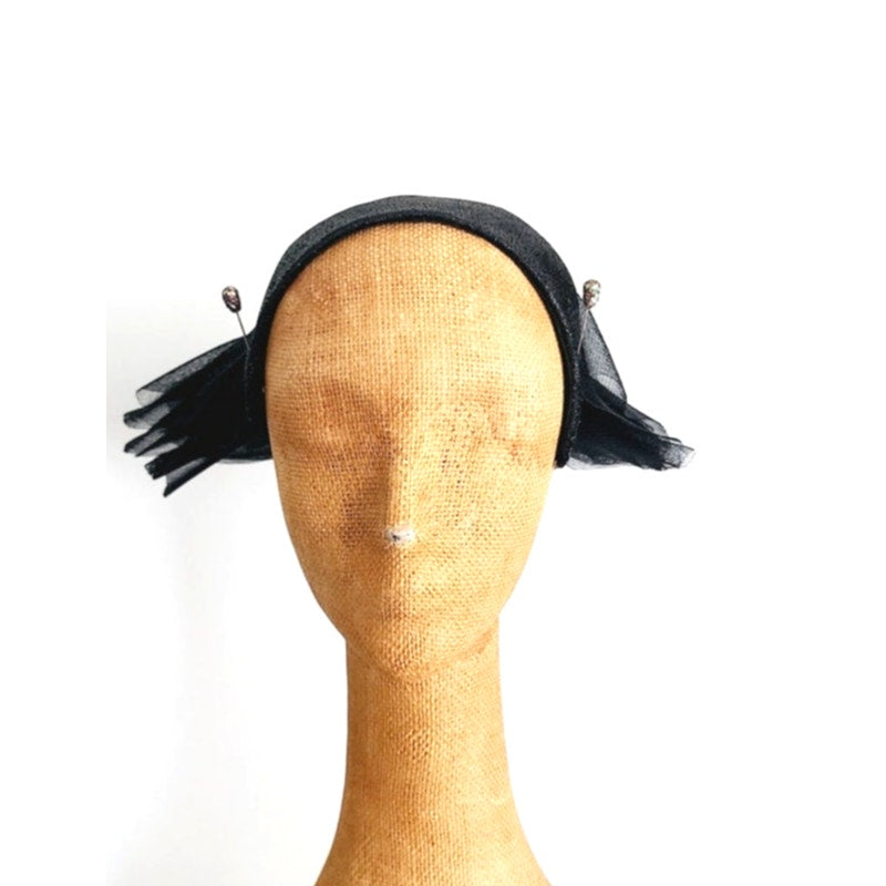 Vintage 50s Bes-Ben Hat Black Straw Large Rear Bow Panel