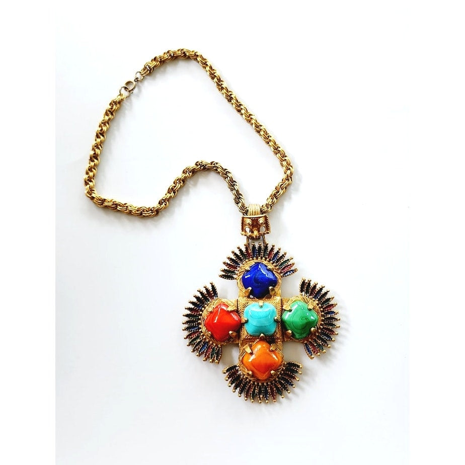 Vintage 70s Pendant Necklace Larry Vrba for Castlecliff Aztec Maltese Cross Pre-Columbian Inspired