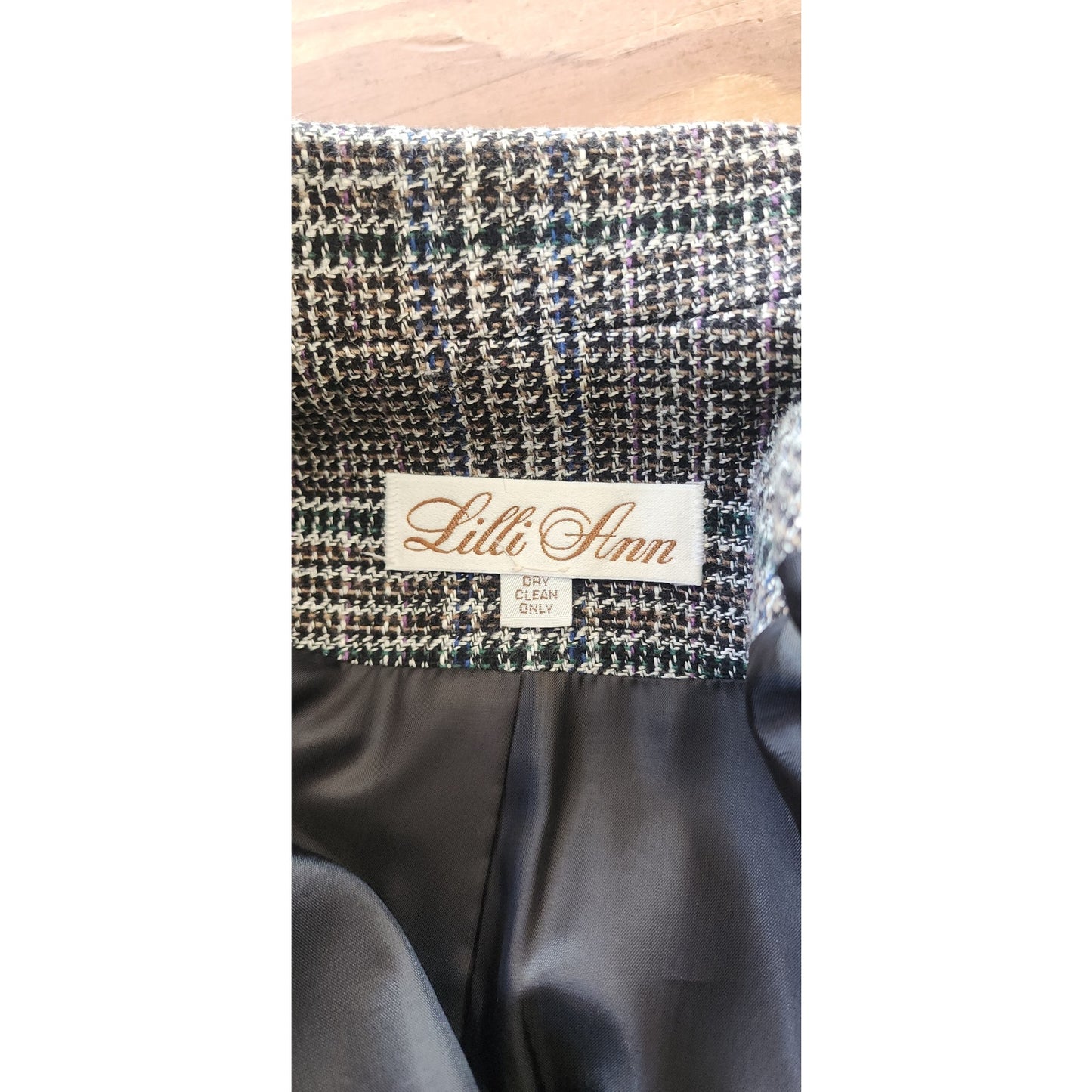 Vintage 80s Long Blazer Lilli Ann Houndstooth Wool Jacket Gray Black