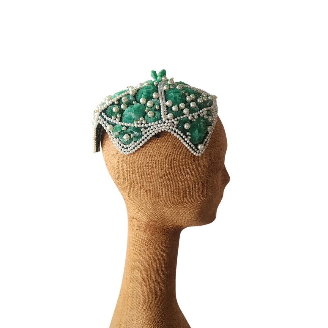 Vintage 1950s Ornate Cocktail Hat Green White Beaded Exotic