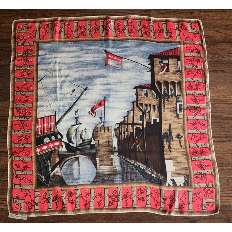 Vintage 40s Silk Scarf Italian Renaissance Painting Venice Port Ships Carpaccio Marshall Field