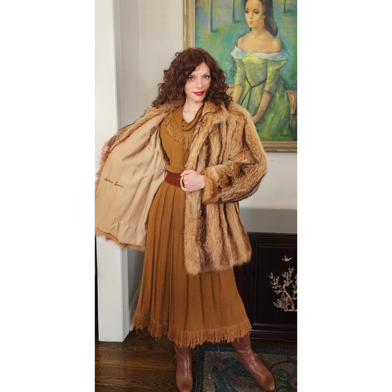 Vintage 70s Fox Fur Coat Hip Length Stripe Pattern / L