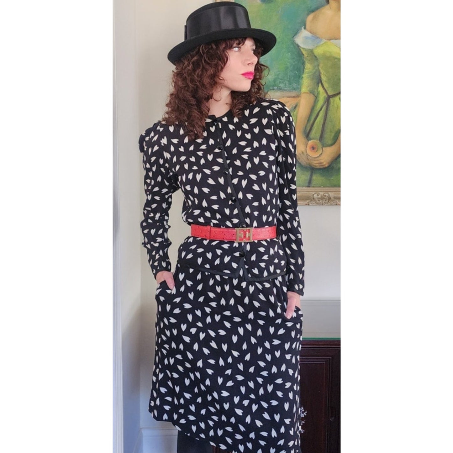 Vintage 1970s Yves Saint Laurent Skirt Suit Heart Print Silk Black White / S