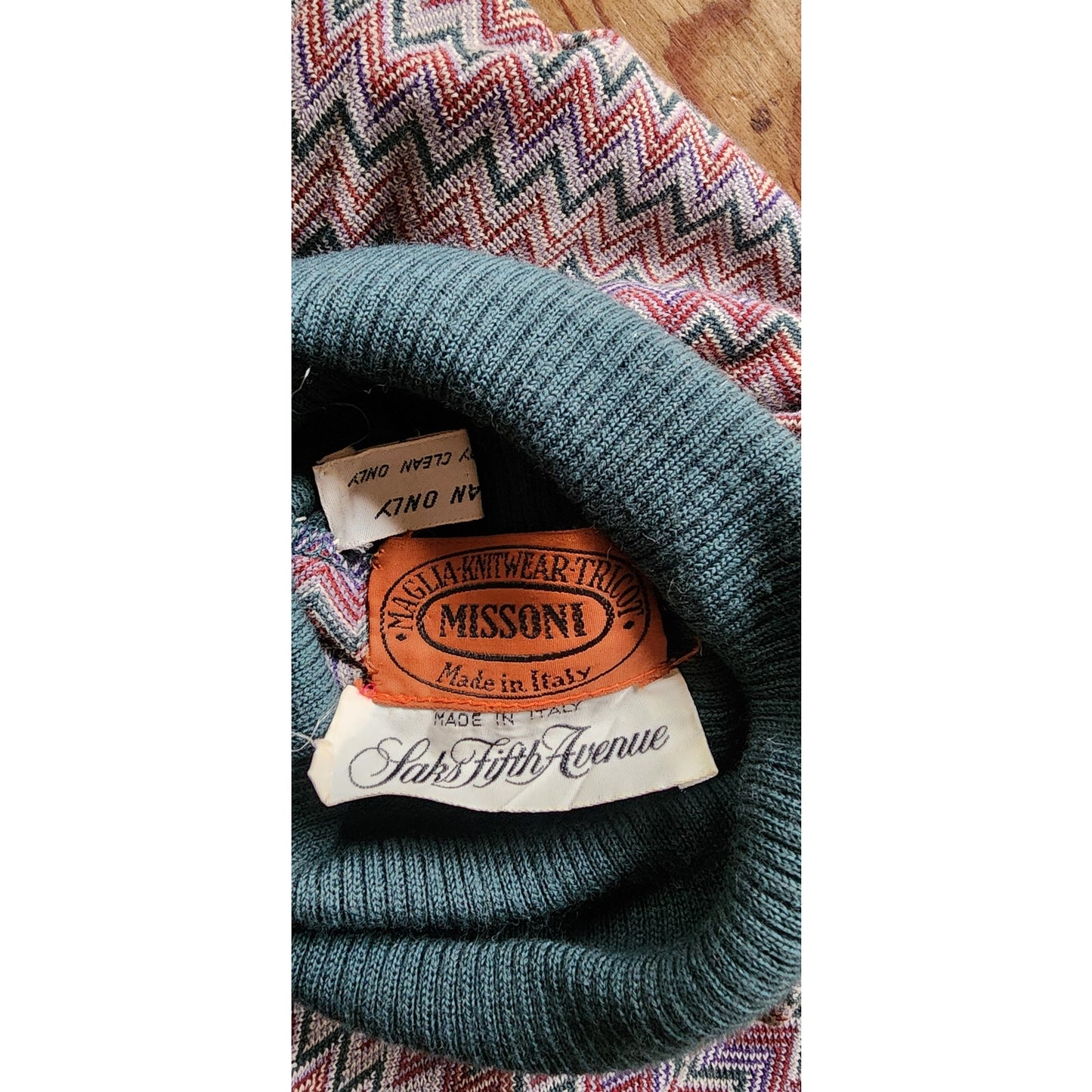 Vintage 1970s MISSONI Knit Dress Long Sleeved Turtleneck Zigzag Pattern