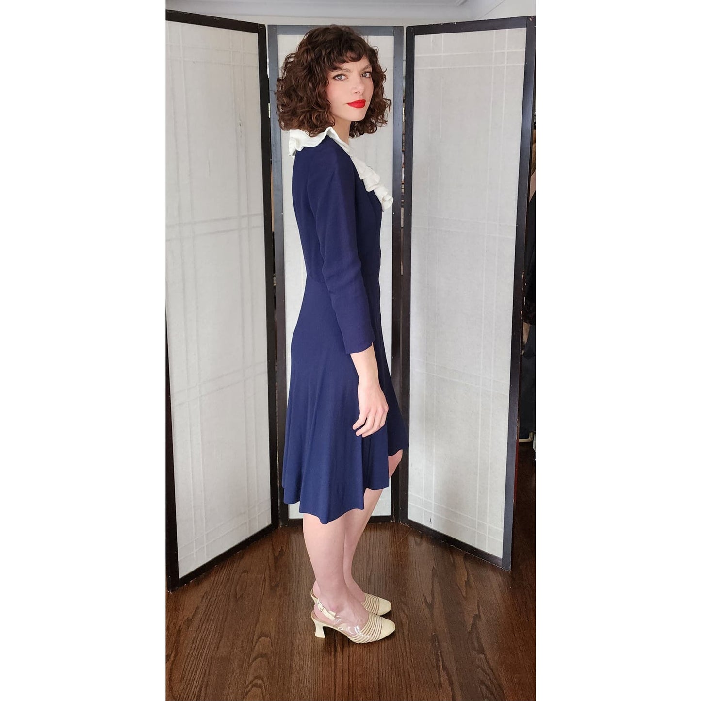 Vintage 60s Navy Blue Dress White Ruffled Collar Marshall Field & Co
