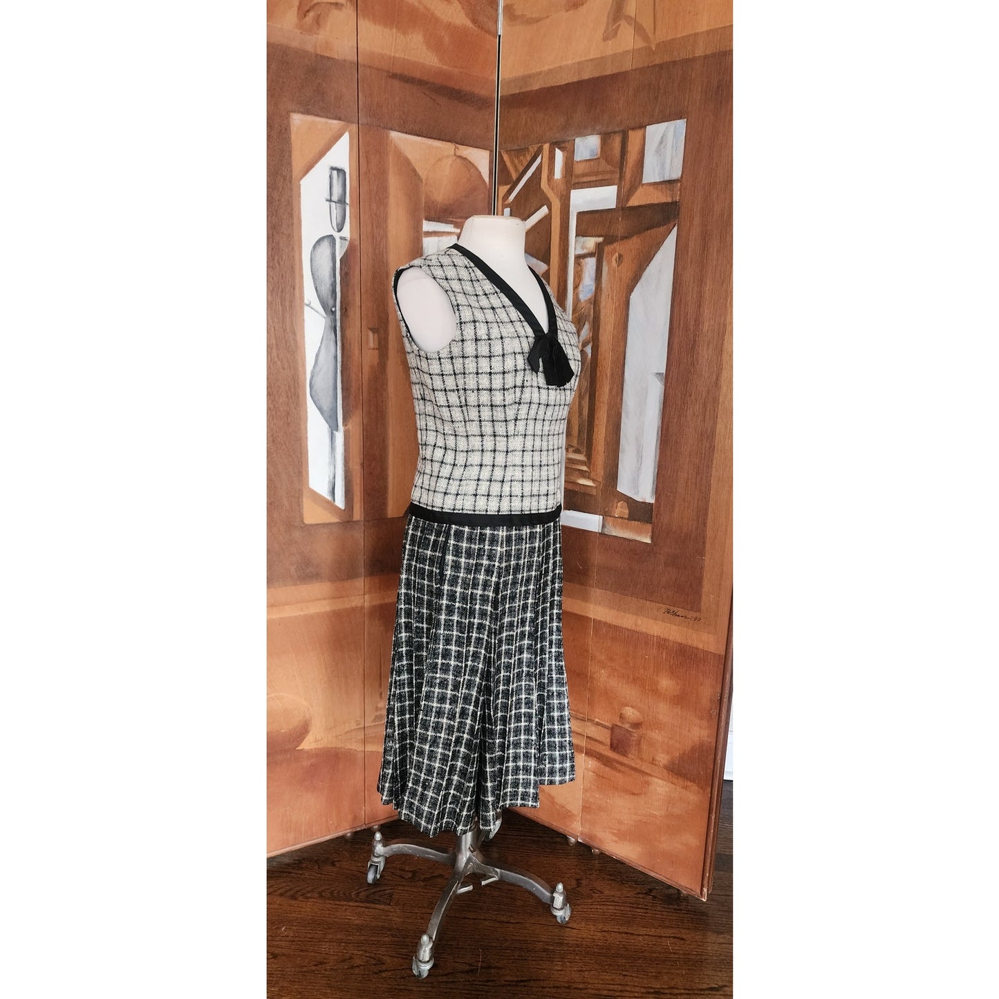 Vintage 60s Mod Suit Pleated Midi Skirt + Top Gray Black Wool Tweed