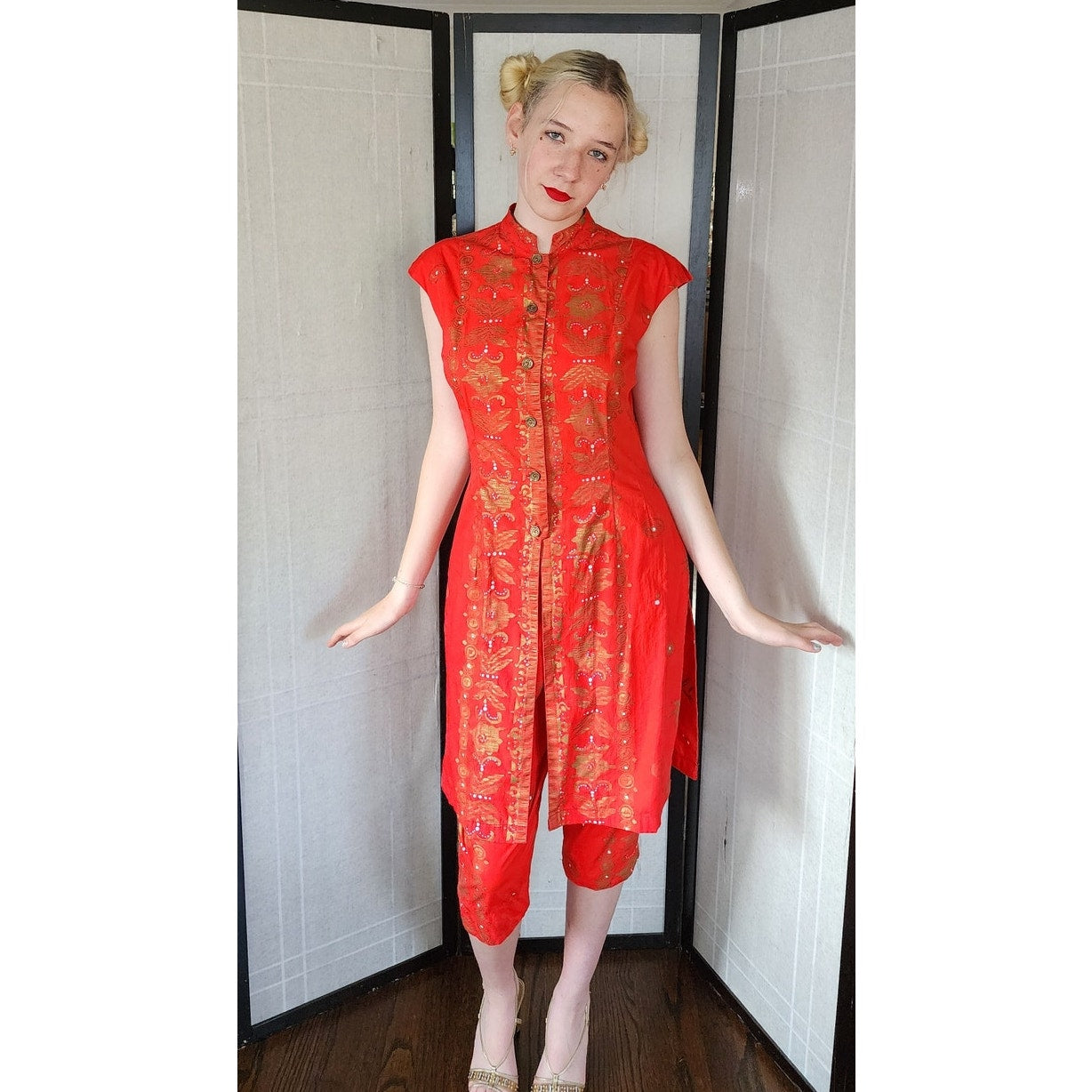 50s Tiki Play Suit Red Cotton Print Tunic + Top by Nani of Hawaii