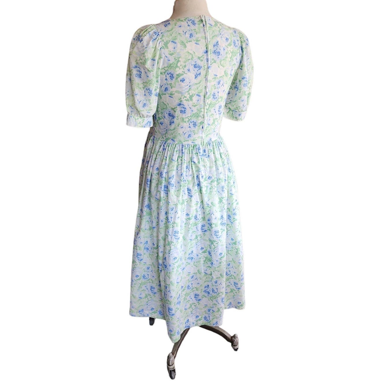 Vintage 80s Laura Ashley Floral Print Dress Blue Green White Cotton