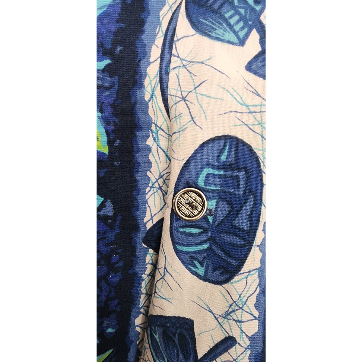 Vintage 1960s Ui-Maikai Men's Blue Hawaiian Tiki Shirt Cotton Short Sleeve