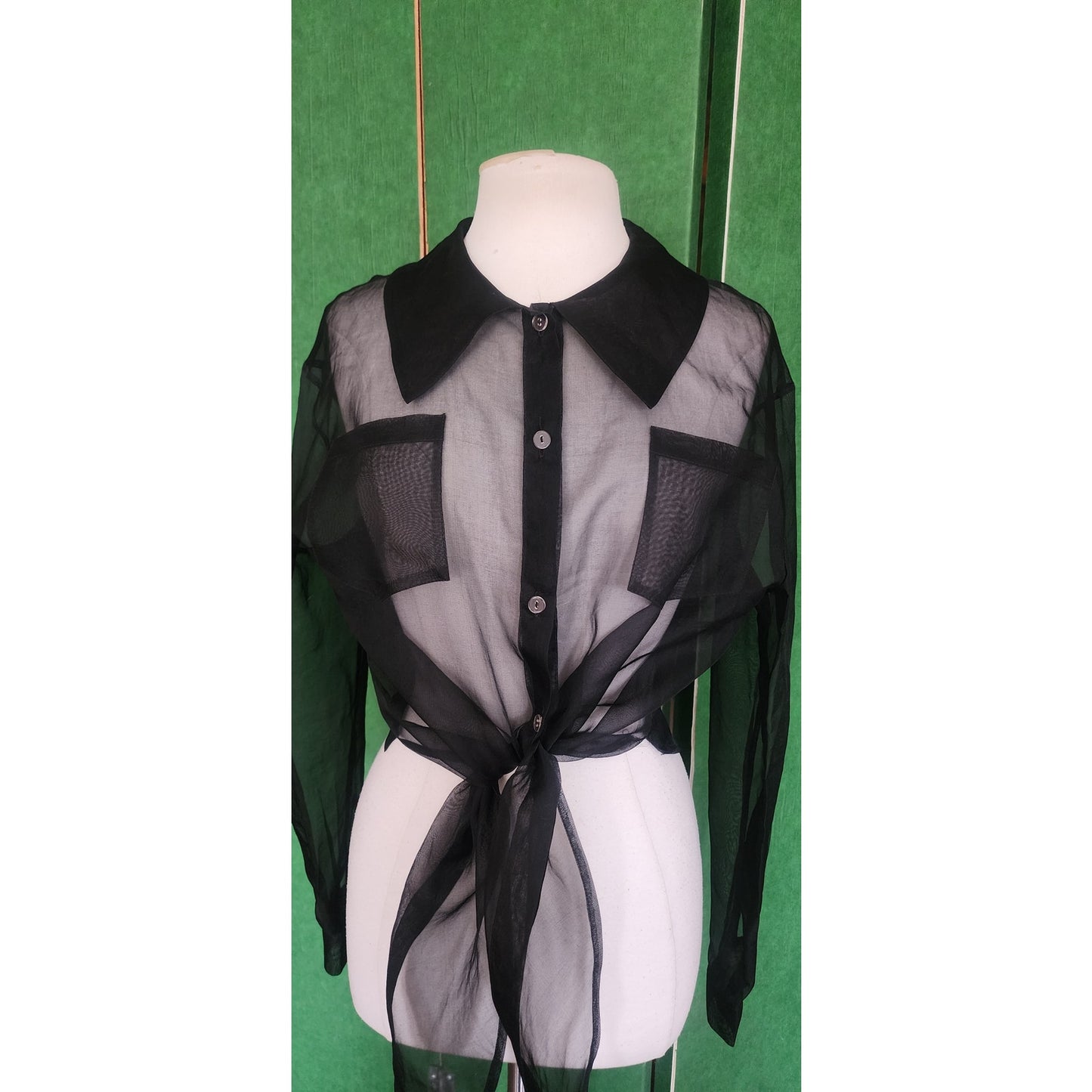 Vintage 90s Designer Blouse Black Sheer Silk Shirt Tie Front Victoria March Chicago