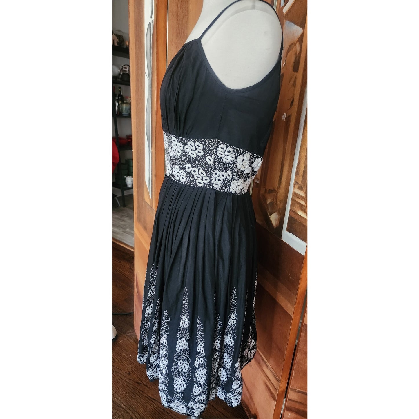 Vintage 1950s Patio Dress Black + White Embroidery Spaghetti Straps / S