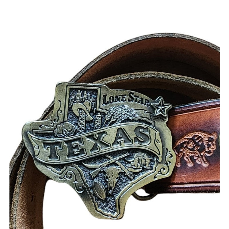 Vintage 1980s Tooled Leather Belt Mens Brass Buckle Texas Lone Star / Great American Buckle Company Chicago 42" - 47"