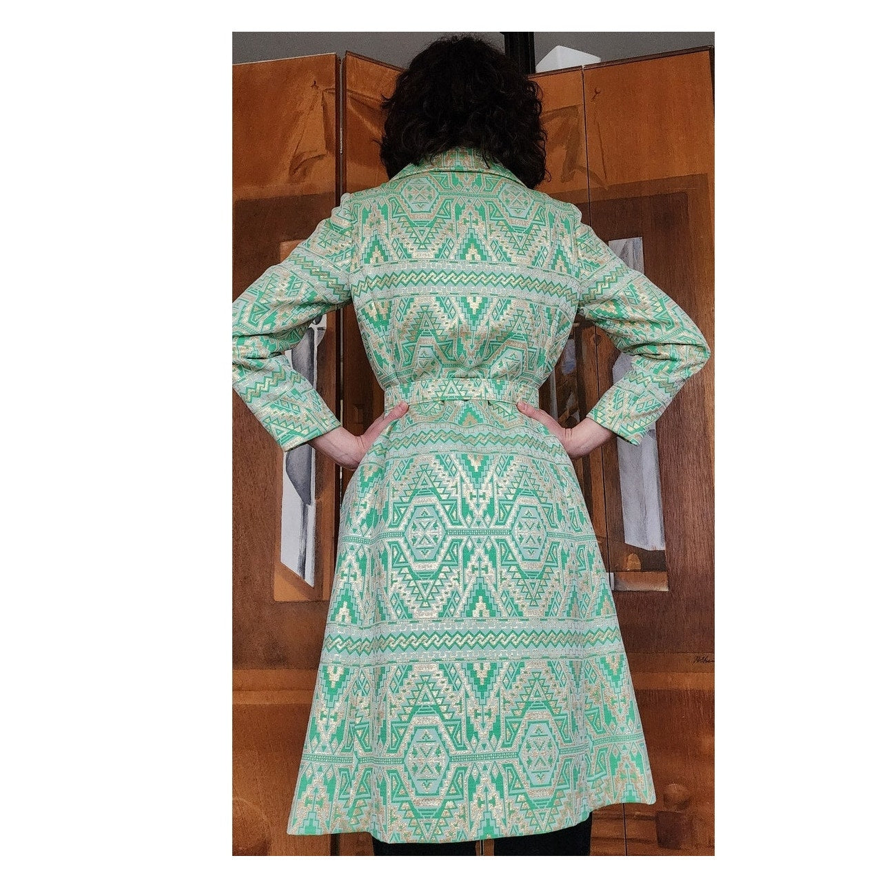 Vintage 60s Geometric Print Green Coat Mod Belted Chas A Stevens Medium