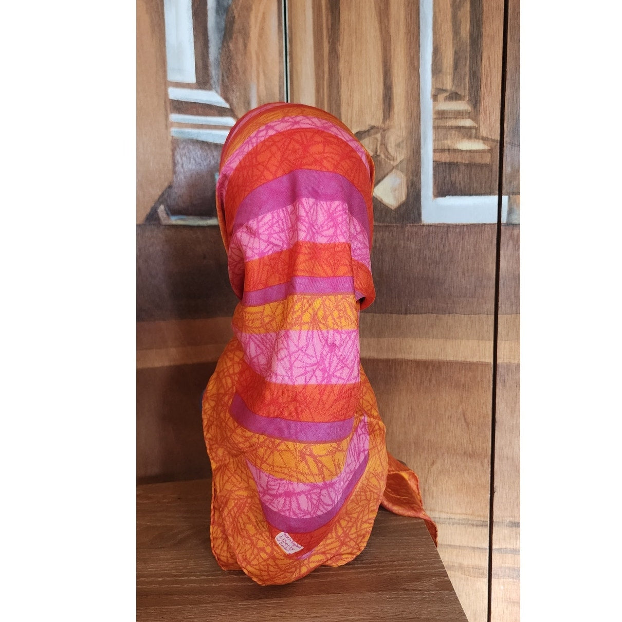 Vintage 70s Liberty of London Silk Scarf Large Orange Pink Diagonal Stripe