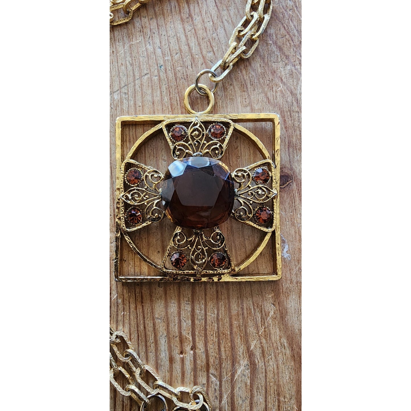 Vintage 60s Baroque Pendant Necklace Maltese Cross Gold Amber Brown Glass