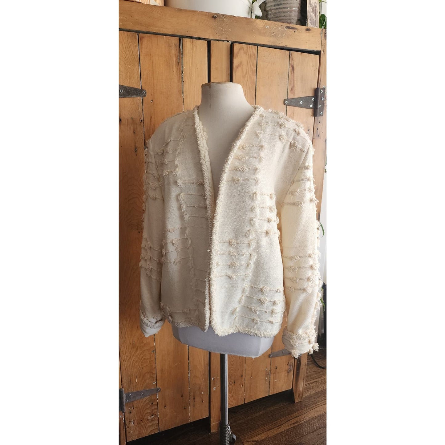 Vintage 80s Handwoven Blazer Cream Textured Cotton by Crystal Wearable Art