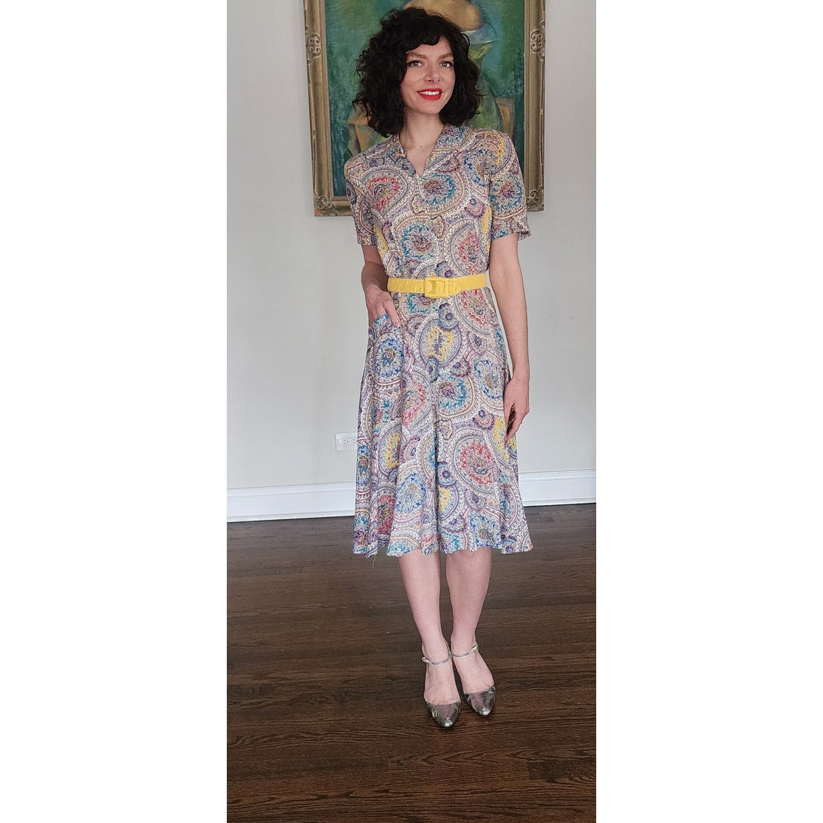 40s Saybury Paisley Rayon 2 Pc Dress &amp; Jacket Set with Yellow Sleeves &amp; Belt