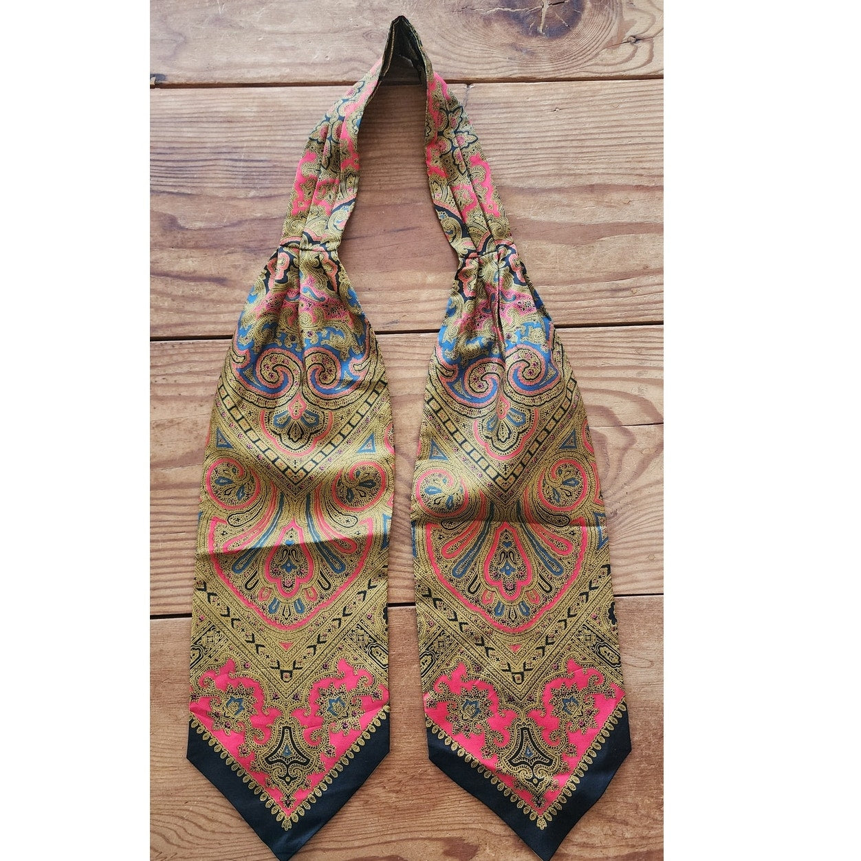 Vintage 50s Paisley Silk Ascot Tie Day Cravat Scarf Gold Black Red