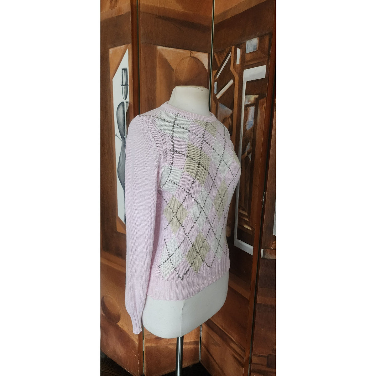 Vintage 1980s Burberrys Sweater Pink Argyle Plaid Preppy Made in Scotland