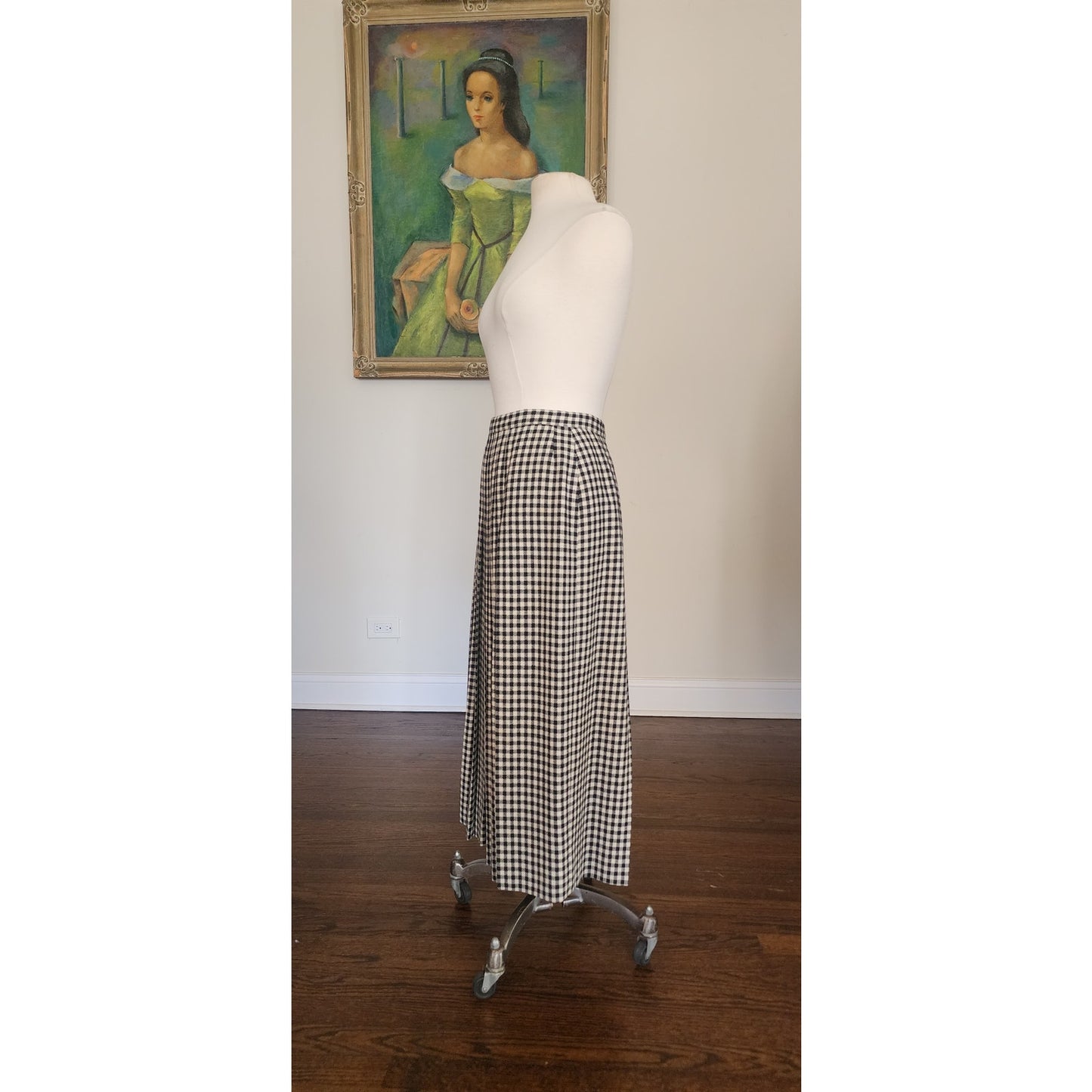 Vintage 1970s Long Skirt Houndstooth Wool High Waisted Pleated / S