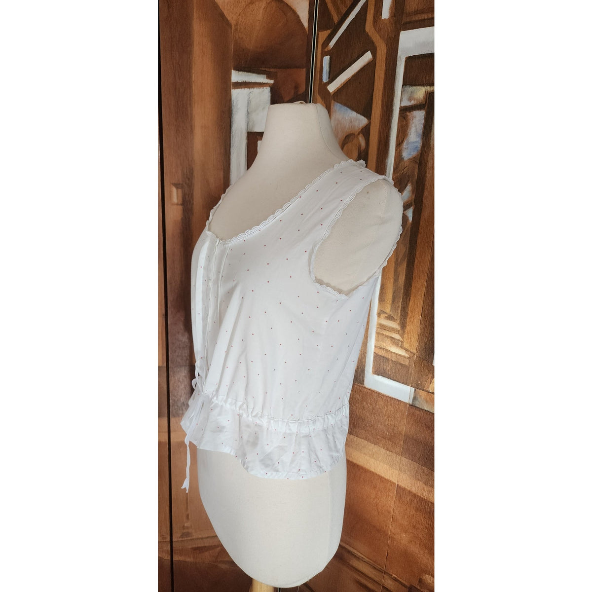 Vintage 1980s Laura Ashley Sleeveless Top White Cotton Eyelet Blouse Micro Polka Dot