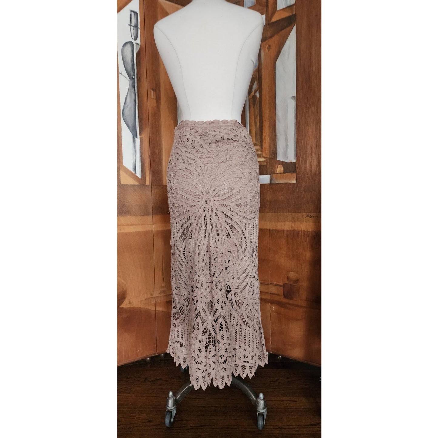 Vintage Y2K Beige Lace Maxi Skirt Boho Chine Collection / S
